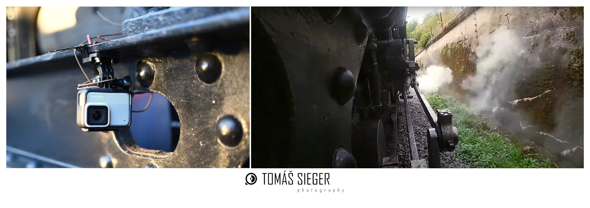 GoPro HERO7 upevněné přímo nad nápravami parní lokomotivy. Vpravo výsledný záběr.